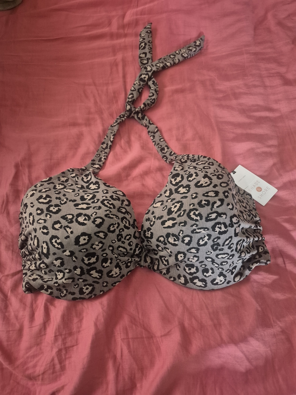 Shade & Shore Taupe Leopard Halter Bikini Top with Black Print